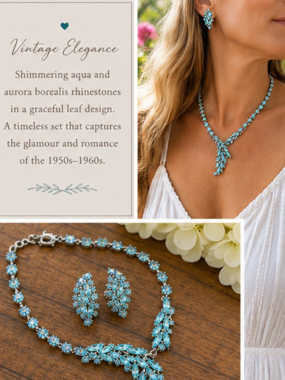Vintage Aqua AB Rhinestone Necklace & Clip-On Earrings Set